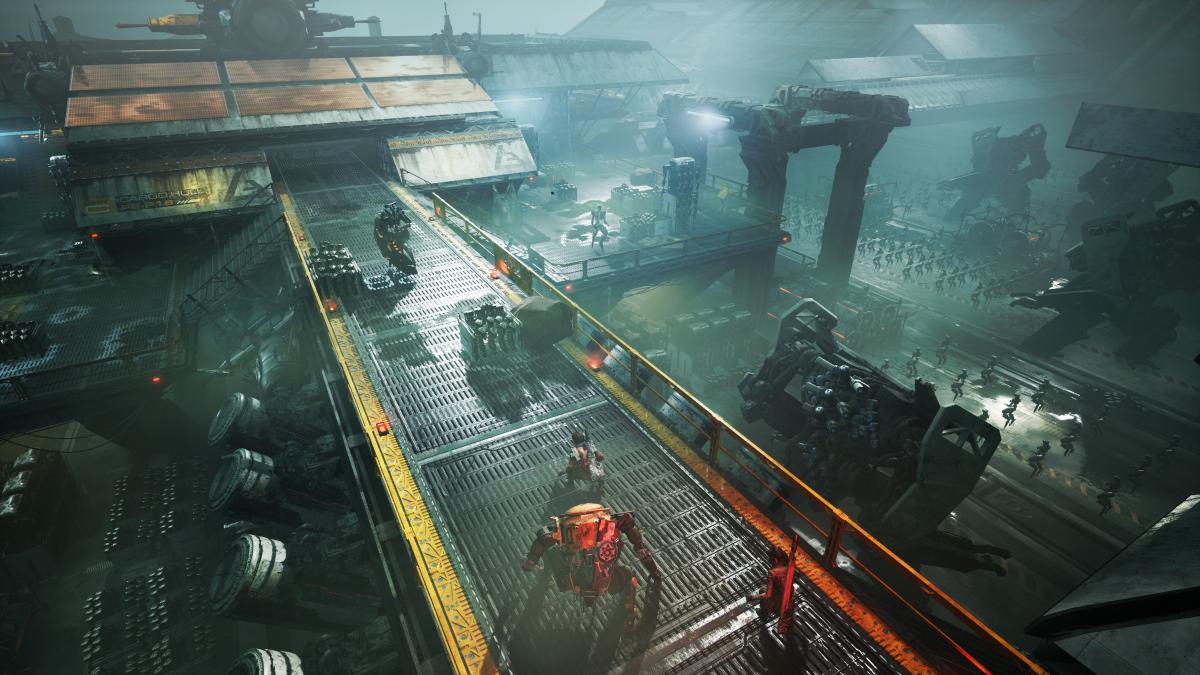 Miasma Chronicles characters sneaking through a factory.